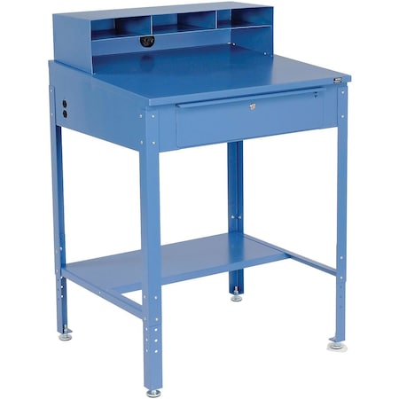 Global Industrial Shop Desk 34-1/2W x 30D x 38 to 42-1/2H With Pigeonhole Compartments, Blue 254635